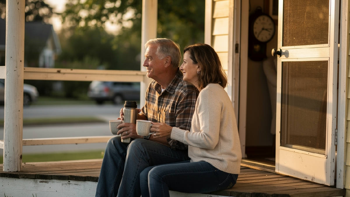 A man in his seventies and his adult daughter sit on a wooden porch step at golden hour sharing coffee from a thermos, an old wall clock visible through the open screen door