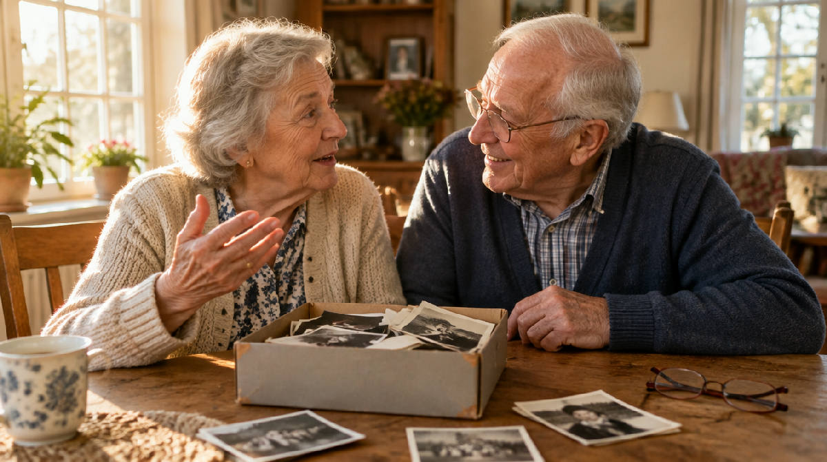 An elderly married couple sitting side by side at a sunlit wooden table with a shoebox of old photographs, the wife mid-sentence with a raised hand and the husband smiling as he listens