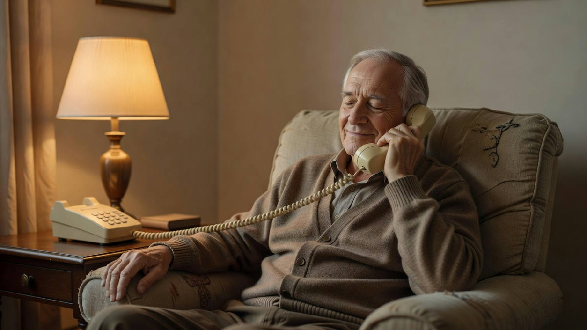 An elderly man sits in an armchair in a softly lit living room, eyes closed and smiling gently, a corded phone held to his ear, a lamp glowing beside him