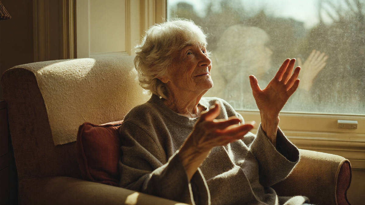 An elderly woman sitting in a cozy armchair by a sunlit window, mid story with a gentle, animated expression