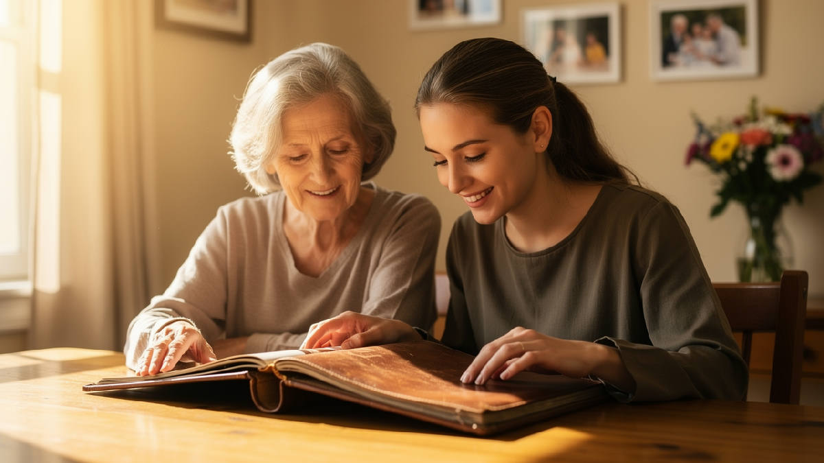 An elderly grandmother and her adult granddaughter sitting together at a sunlit dining table, turning the pages of a worn leather photo album