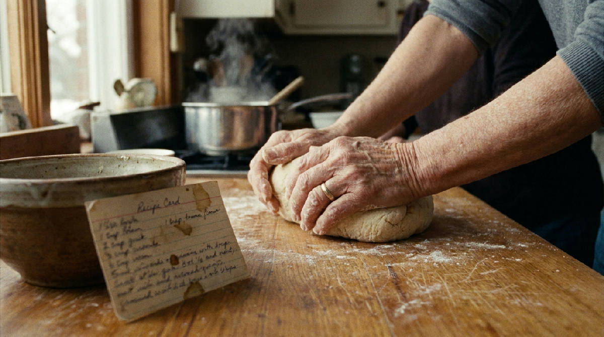 An elderly woman's hands and an adult woman's hands knead dough together on a worn wooden counter beside a stained handwritten recipe card and a ceramic bowl, steam rising from a pot behind them
