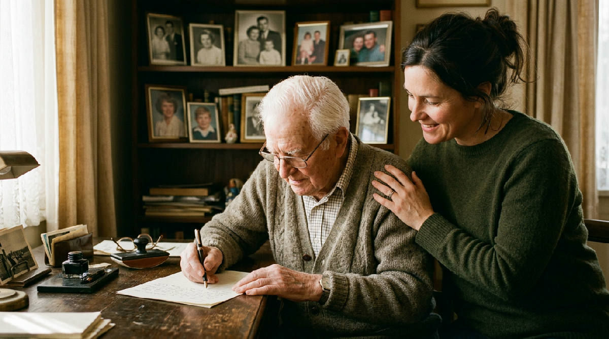 An elderly man in a cardigan writes a letter with a fountain pen at a wooden desk while his adult daughter smiles and rests a hand on his shoulder, framed family photographs on the shelf behind them