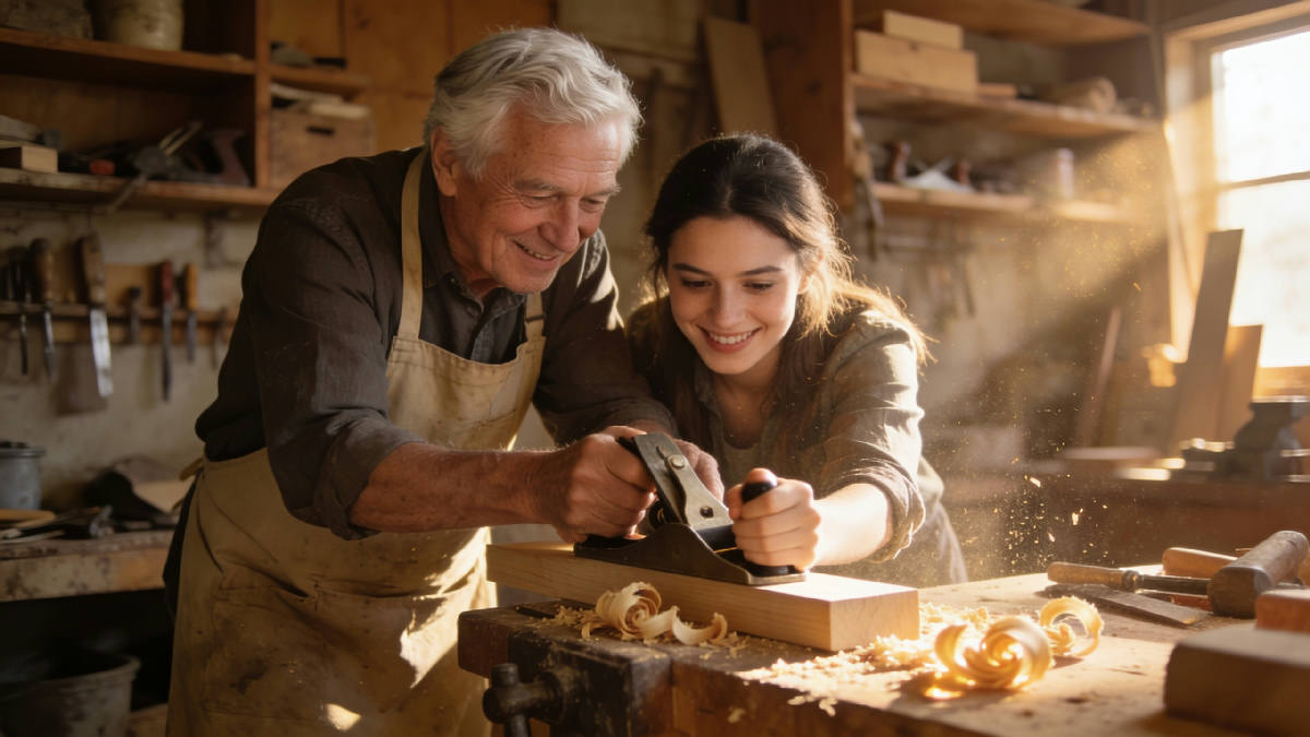 A silver-haired man in a woodworking shop showing a young woman how to use a hand plane, both smiling in warm afternoon light