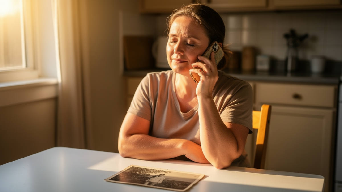 A woman in her fifties sitting alone at a sunlit kitchen table, eyes closed, an old smartphone held gently to her ear, an old photograph resting on the table in front of her