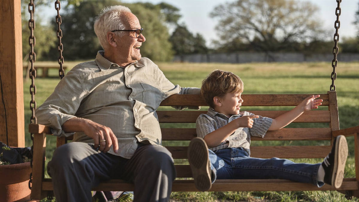 A grandfather and his young grandson sitting together on a wooden porch swing in warm late afternoon light, the grandson swinging his legs and pointing excitedly while his grandfather smiles toward the horizon