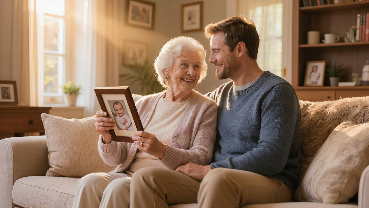 A grandmother holding a framed baby photo of her adult grandson while they sit together on a sunlit couch, both smiling