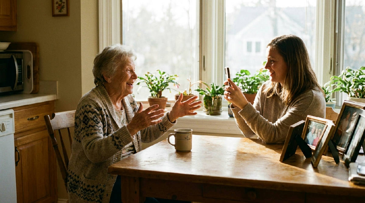 An elderly woman at a sunlit kitchen table telling an animated story while her adult granddaughter holds up a phone to record her