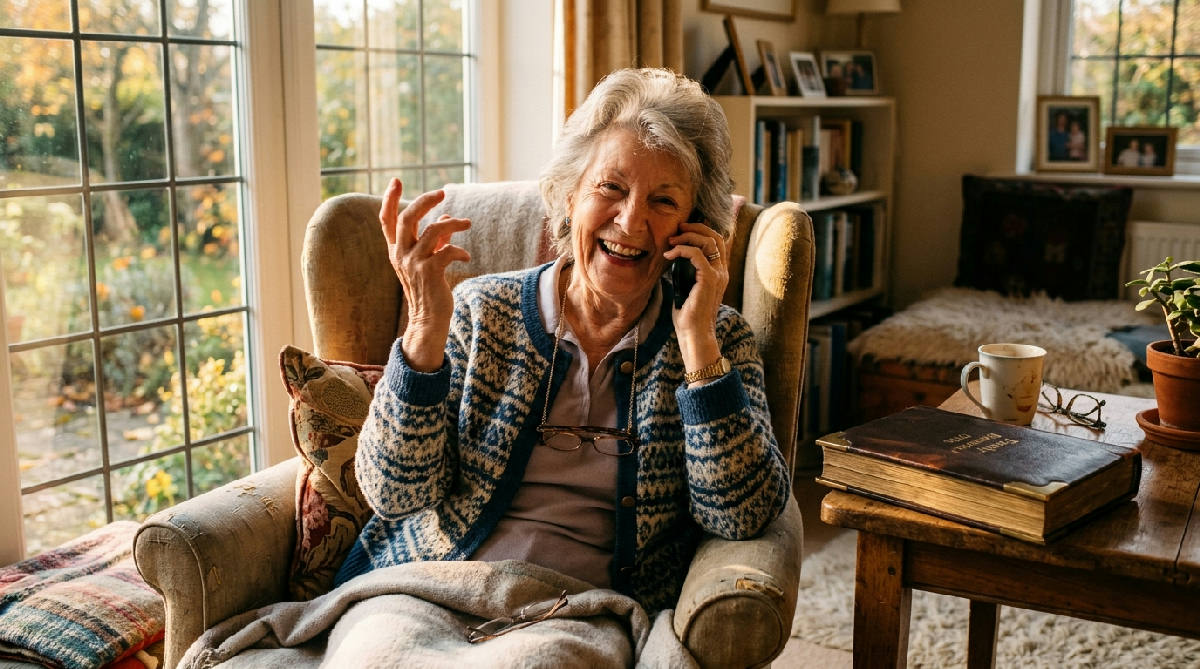 A woman in her seventies sitting in a sunlit armchair, mid-sentence with one hand raised telling an animated story, a phone held to her ear, a closed photo album resting untouched on the side table beside her