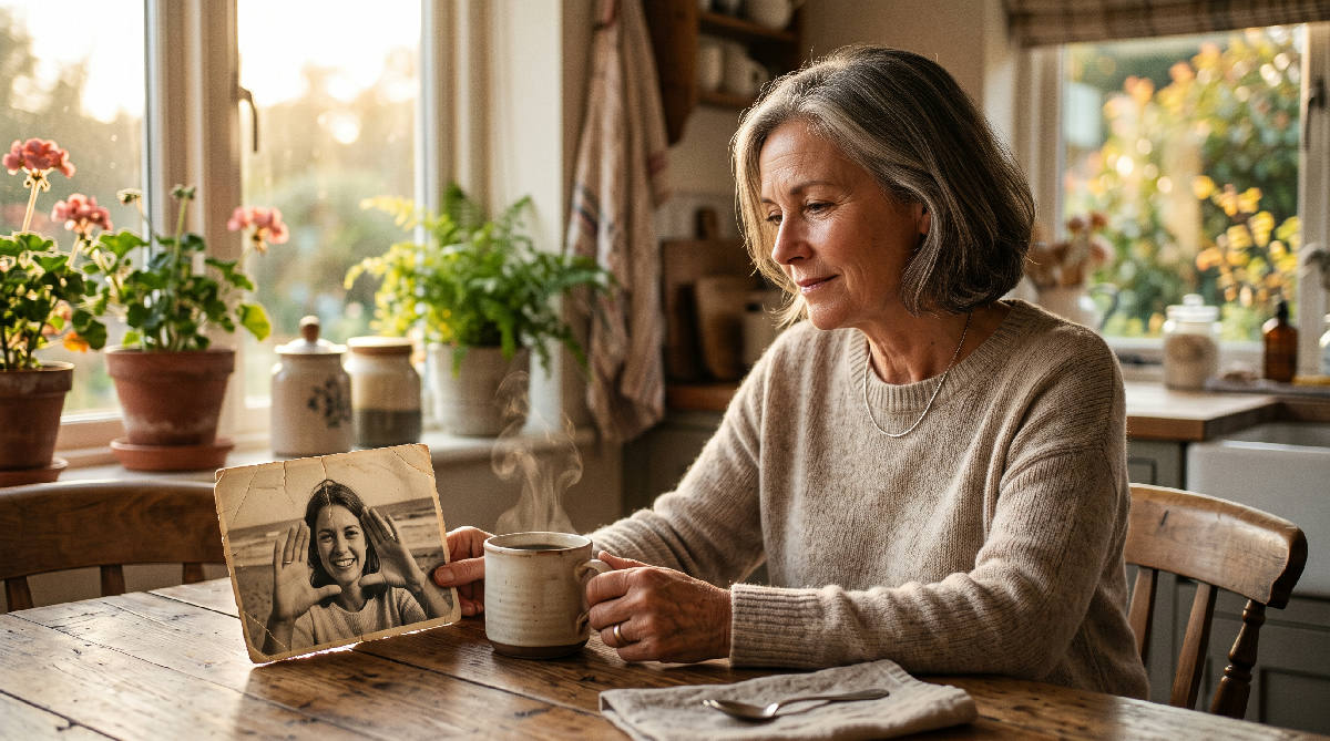 A woman in her fifties sitting alone at a golden-lit kitchen table, gazing at an old black-and-white photograph of herself as a young woman propped against a steaming coffee mug