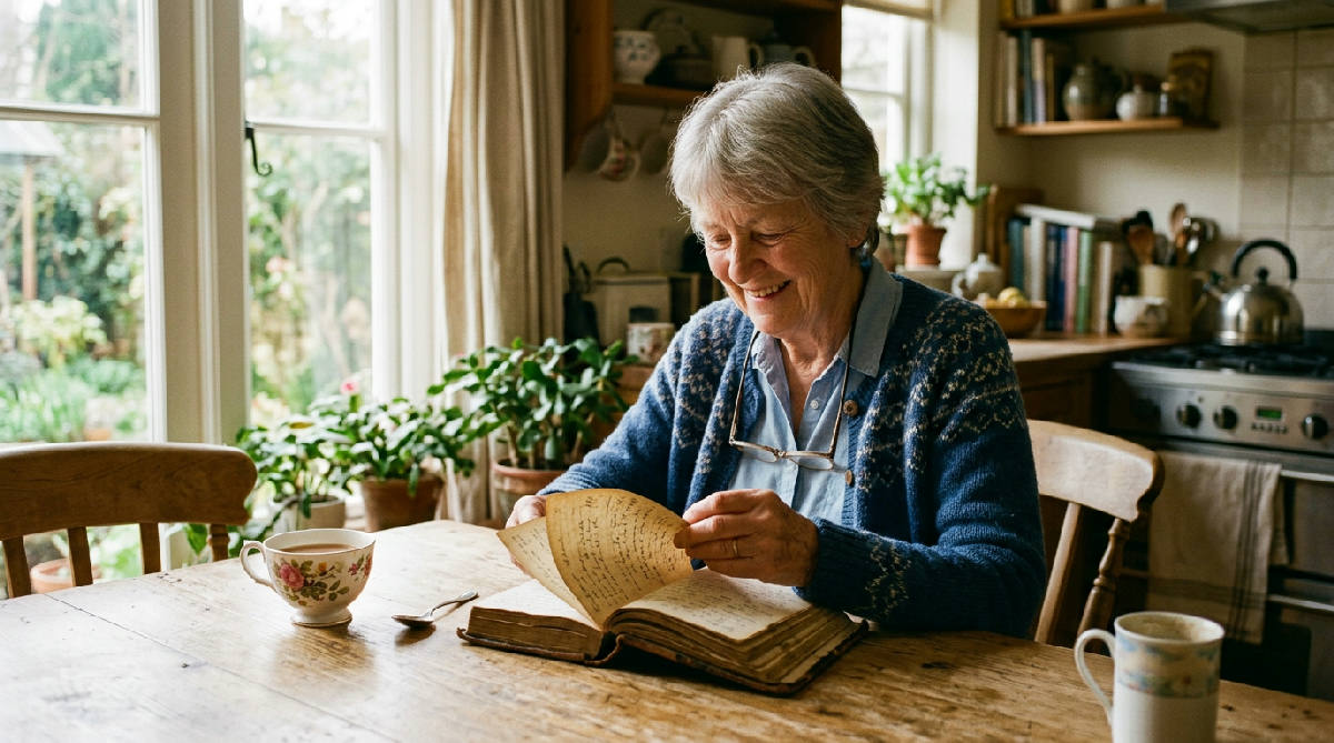 An elderly woman sitting at a sunlit wooden kitchen table in the morning, gently turning the pages of a worn leather diary with a soft content smile, a cup of tea beside her